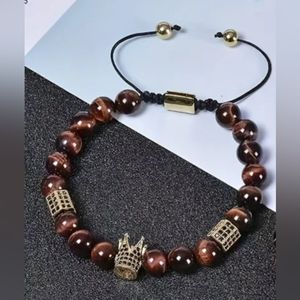 Men's Red Tiger Eye Stone Beaded bracelet with Golden Crown 👑
